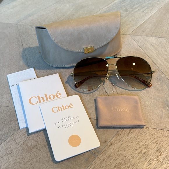 CHLOE CH0113S Aviator Gold Sunglasses with Turquoise Stone NWOT - Picture 3 of 8
